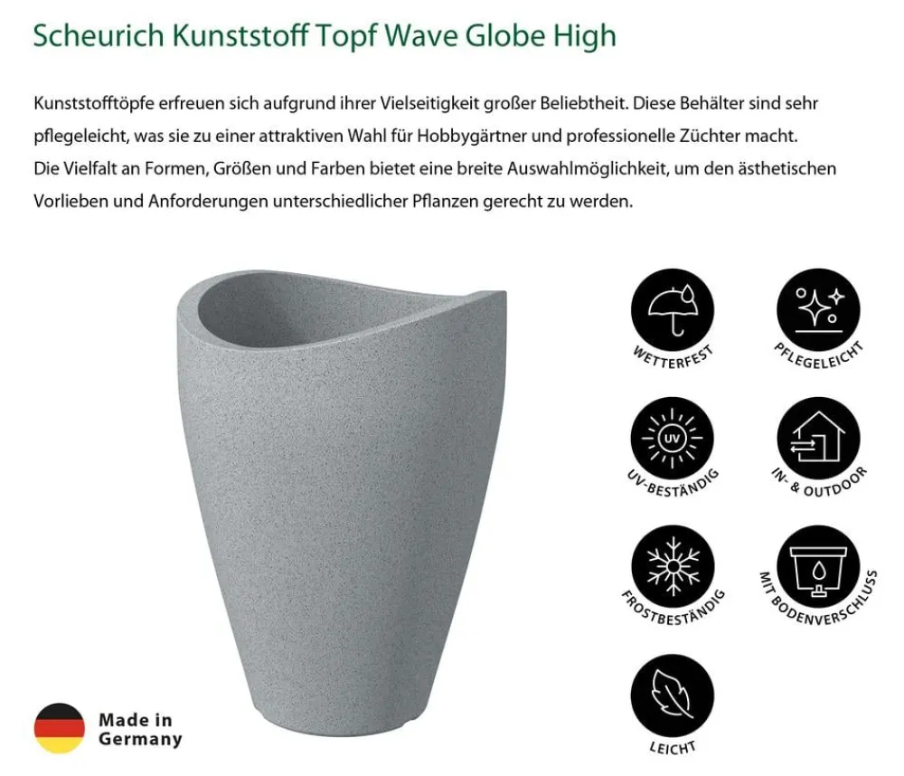 Scheurich Kunststoff Topf Wave Globe High, konisch Grau Clearance