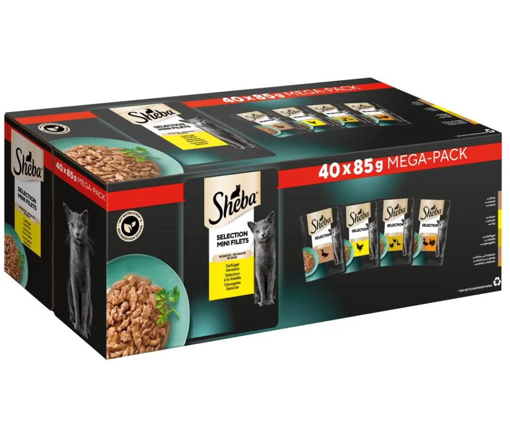 Sheba® Nassfutter Katze > Nassfutter für Katzen Selection Mini Filets in Sauce Multipack Adult, Geflügel Variation, 40 x 85 g