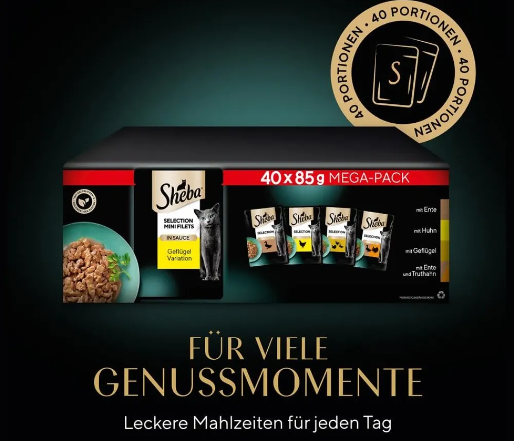 Sheba® Nassfutter Katze > Nassfutter für Katzen Selection Mini Filets in Sauce Multipack Adult, Geflügel Variation, 40 x 85 g