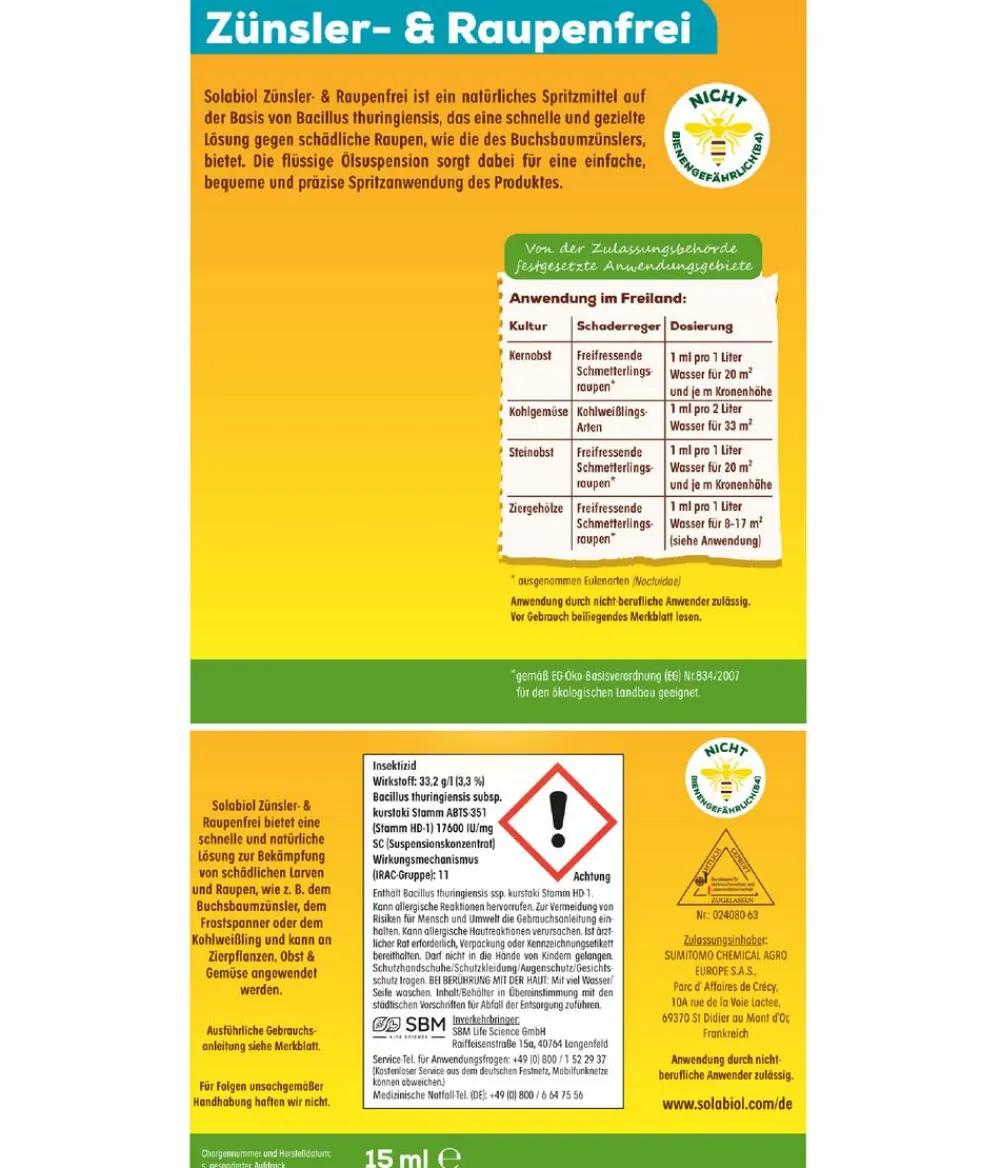 Solabiol Schädlingsbekämpfungsmittel - ® Zünsler- & Raupenfrei Flüssigkonzentrat, 15 ml