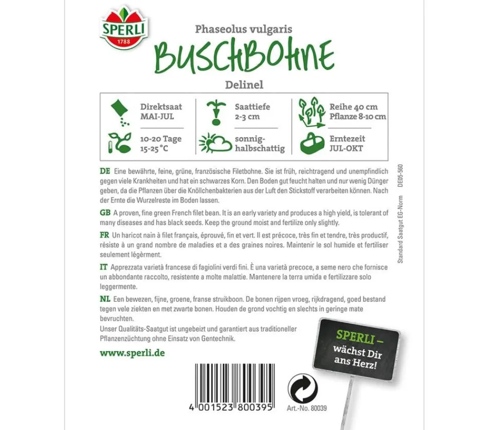 SPERLI Gemüsesamen > Samen Buschbohne 'Delinel'