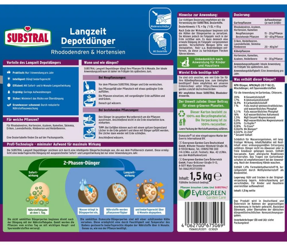 Substral® Blumendünger > Langzeit-Depotdünger für Rhododendren & Hortensien, 1,5 kg