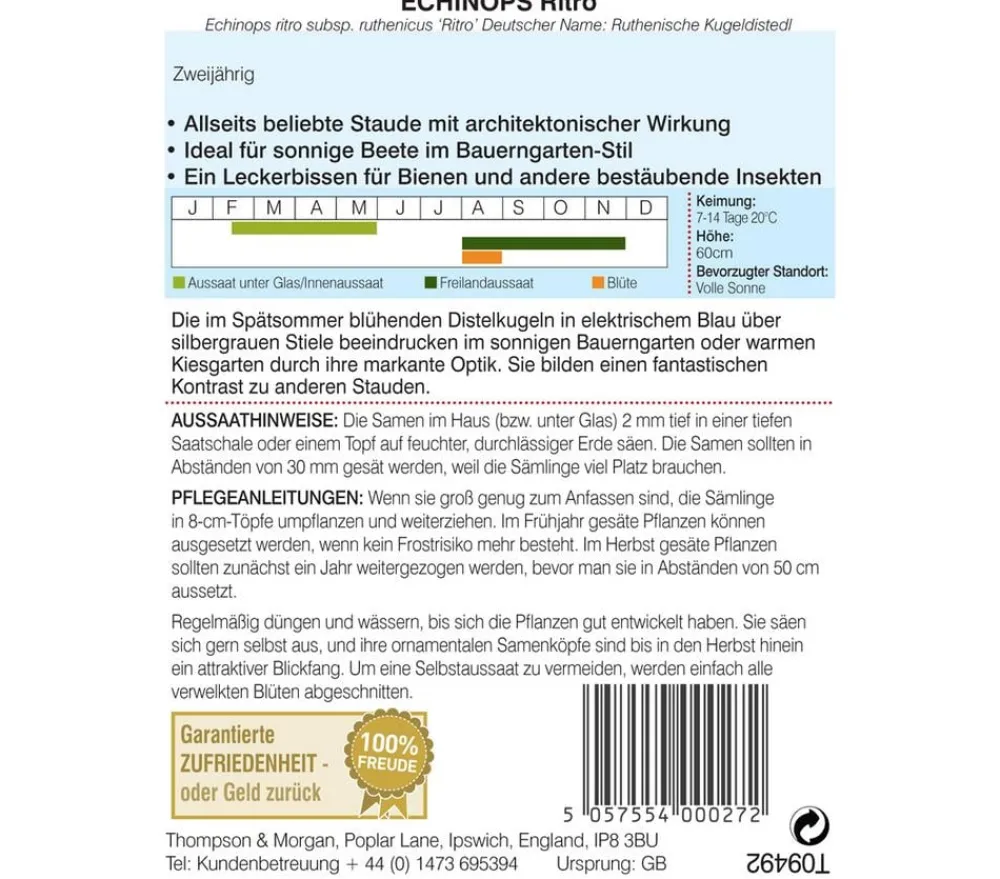 Thompson & Morgan Blumensamen - Samen Ruthenische Kugeldistel 'Ritro' Hellblau