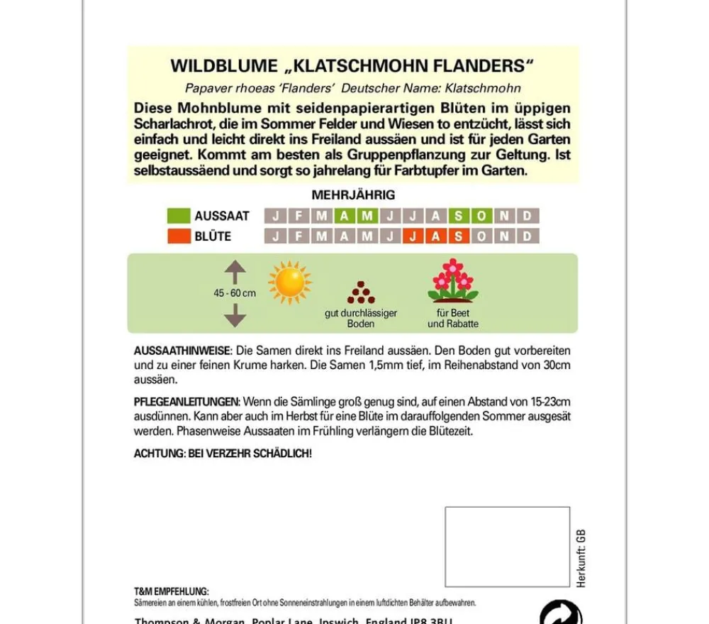 Thompson & Morgan Samen Wildblume 'Klatschmohn Flanders' Rot New