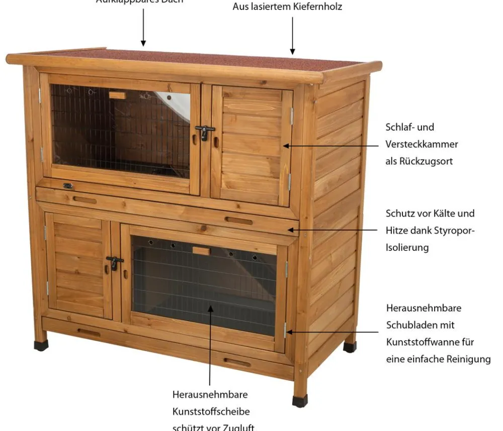 Trixie Kaninchenstall & Hasenstall - Natura Kleintierstall mit Wärmedämmung, ca. B116/H113/T65 cm Dunkelbraun