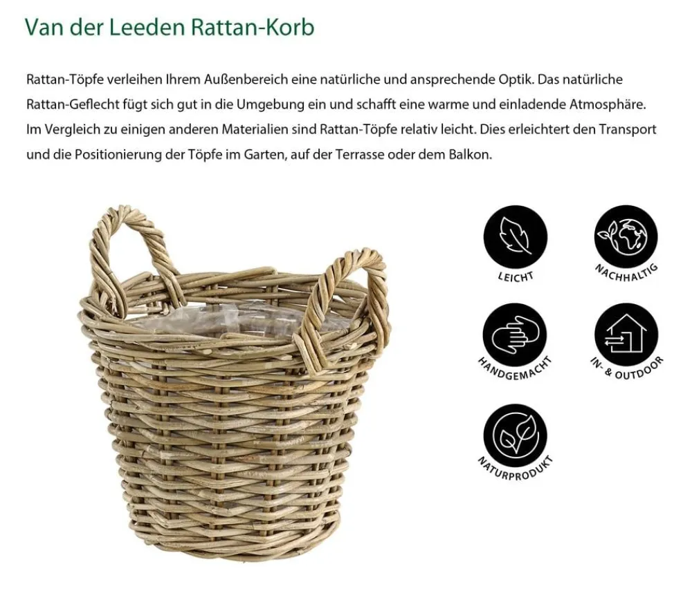 Van der Leeden Mehr Gartendekoration|Blumentöpfe & Übertöpfe - Rattan-Korb mit Henkeln, rund, -braun