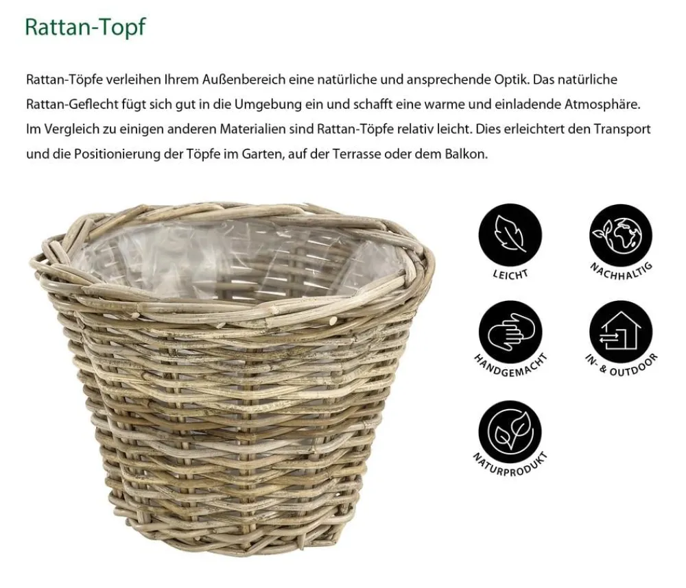 Van der Leeden Mehr Gartendekoration|Blumentöpfe & Übertöpfe - Rattan-Topf, konisch, grau-braun Natur