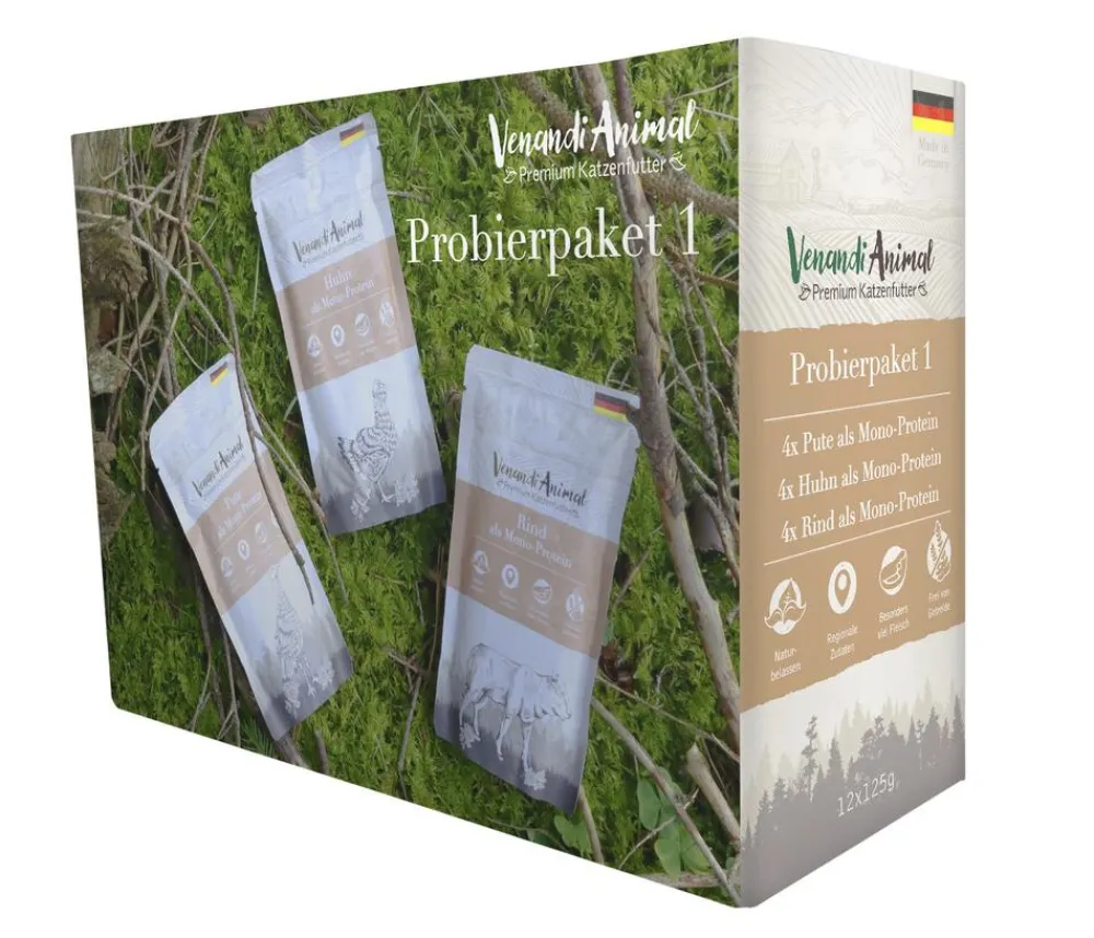Venandi Animal Nassfutter für Katzen Adult Probierpaket 1, 12 x 125 g Sale