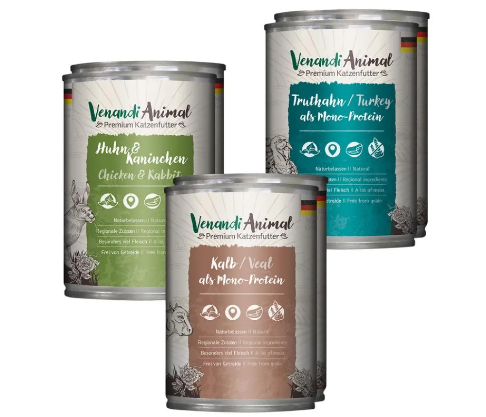 Venandi Animal Nassfutter Katze - Nassfutter für Katzen Adult Probierpaket 2, 6 x 400 g