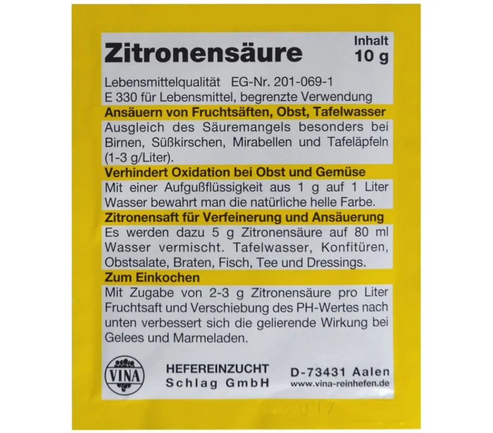 Vina Saft- & Weinherstellung|Einkochautomaten & Zubehör - Zitronensäure, 10 g Weiß
