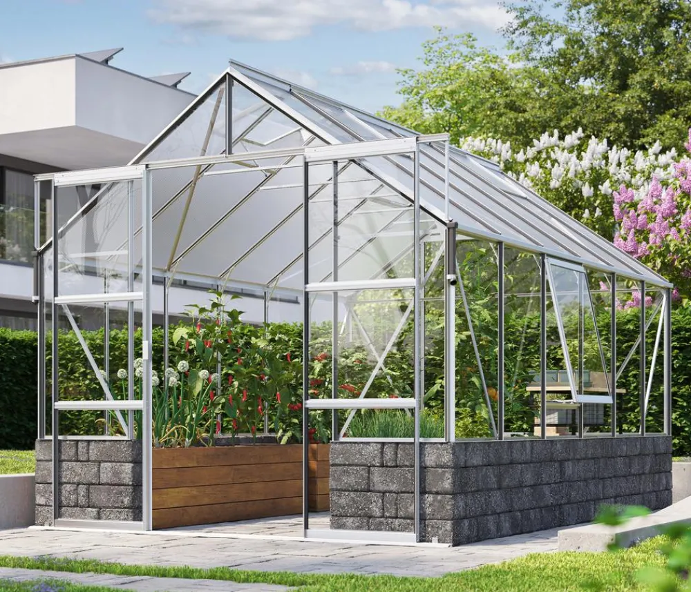Vitavia Gewächshaus Cassiopeia 9900 ESG/HKP, inkl. Sockelmauer Basalt Silber Best