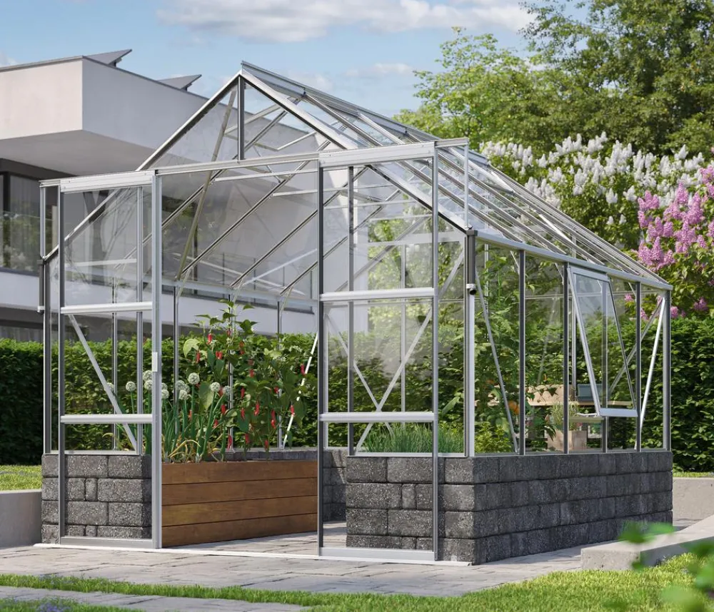 Vitavia Gewächshäuser - Gewächshaus Cassiopeia 8300 ESG, inkl. Sockelmauer Basalt Silber