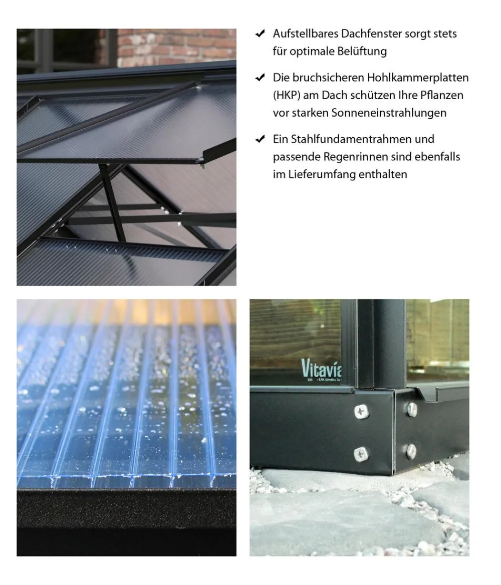 Vitavia Gewächshaus Neptun Plus 11500 ESG/HKP, inkl. Stahlfundamentrahmen, ca. B254/H238/T441 cm Schwarz Outlet