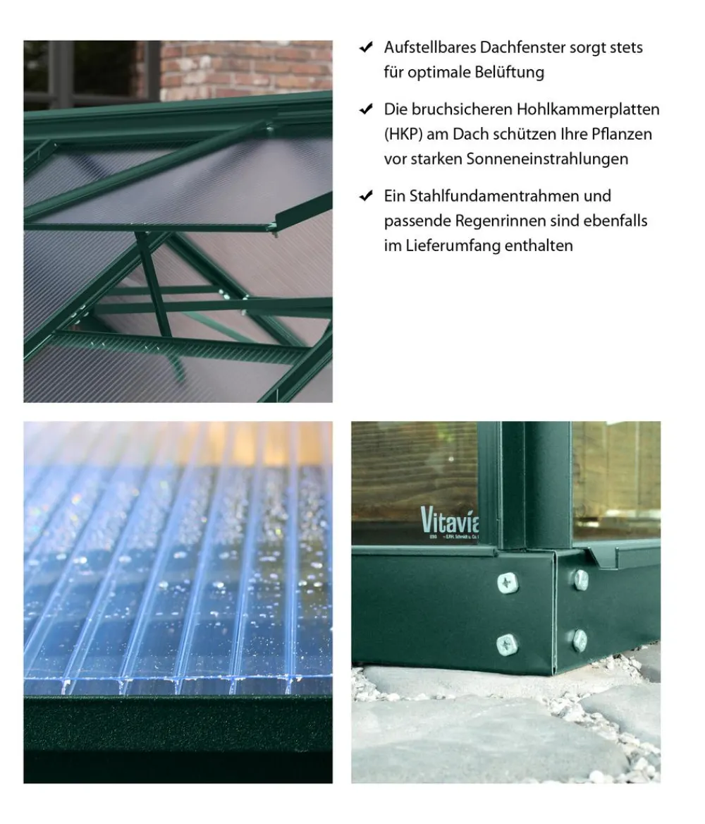 Vitavia Gewächshaus Neptun Plus 6700 ESG/HKP, inkl. Stahlfundamentrahmen, ca. B257/H238/T258 cm Dunkelgrün Outlet