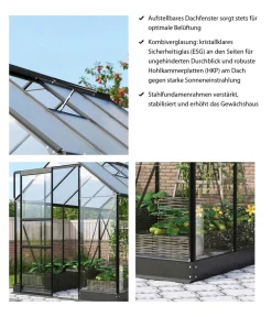 Vitavia Gewächshaus Pontos 5000, ESG 3 mm/HKP 6 mm, inkl. Stahlundamentrahmen, ca. B195/H207/T261 cm Schwarz