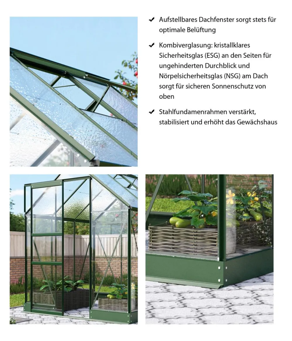 Vitavia Gewächshäuser - Gewächshaus Pontos 3800 ESG/NSG, inkl. Stahlfundamentrahmen, ca. B195/H207/T199 cm Dunkelgrün