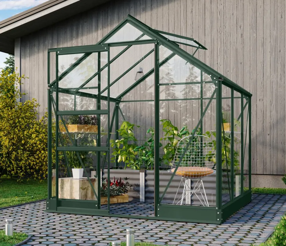 Vitavia Gewächshäuser - Gewächshaus Pontos 3800, ESG/HKP 6 mm, inkl. Stahlfundamentrahmen Dunkelgrün