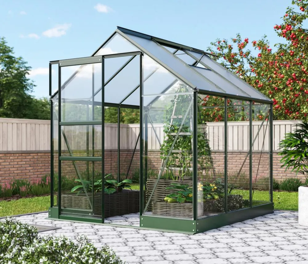 Vitavia Gewächshäuser - Gewächshaus Pontos 3800, ESG/HKP 6 mm, inkl. Stahlfundamentrahmen Dunkelgrün