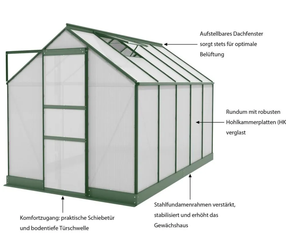Vitavia Gewächshäuser - Gewächshaus Pontos 6200, HKP 6 mm, inkl. Stahlfundamentrahmen Dunkelgrün