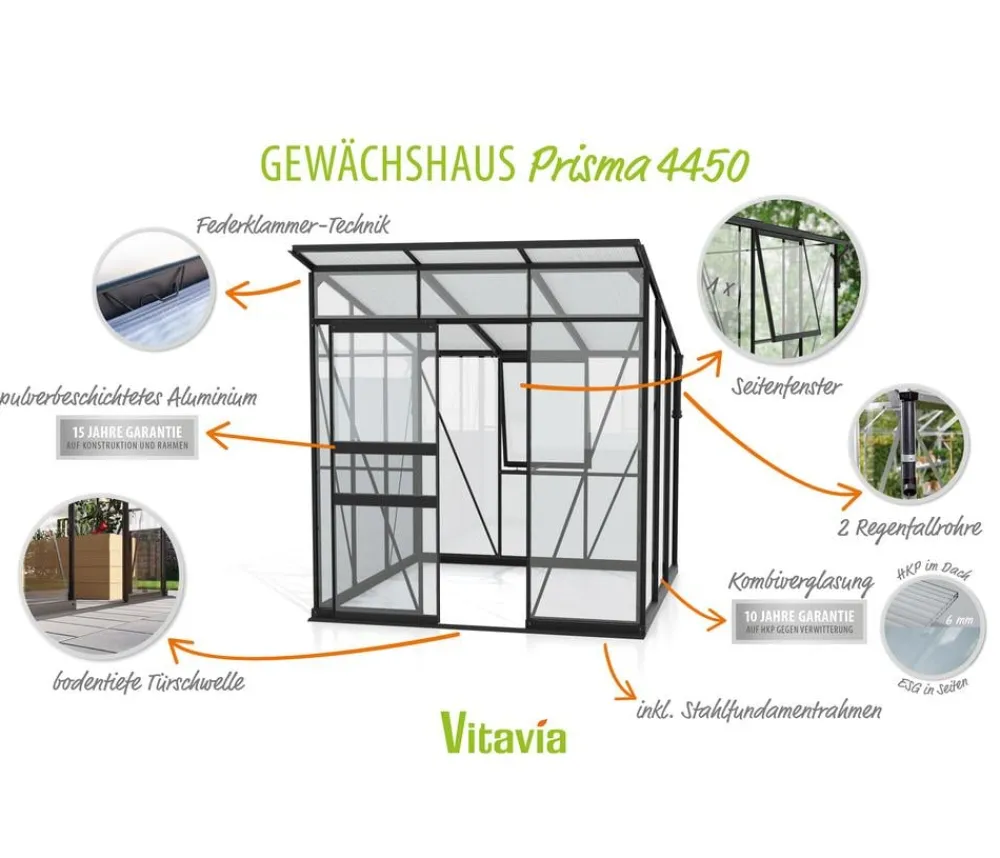Vitavia Gewächshaus Prisma 4450 ESG/HKP, inkl. Stahlfundamentrahmen Schwarz