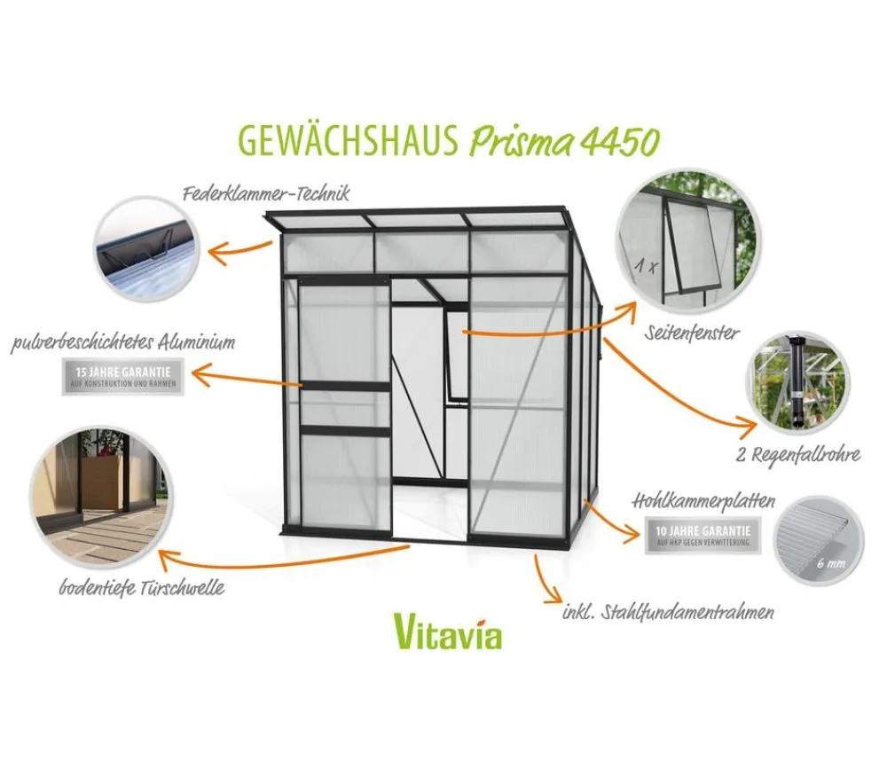 Vitavia Gewächshaus Prisma 4450 HKP, inkl. Stahlfundamentrahmen Schwarz New