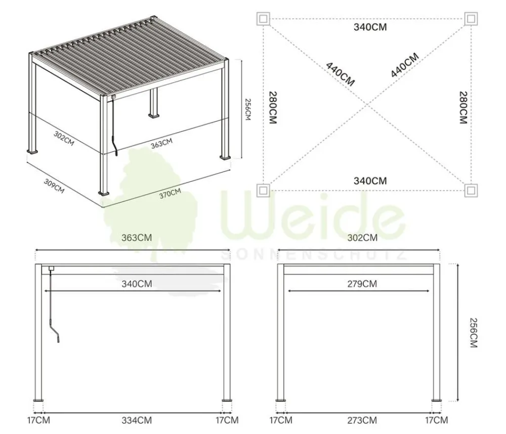 Weide Classic Pergola 3x3,6 inkl. LED, ca. B360/H255/T300 cm Ivory Sand New