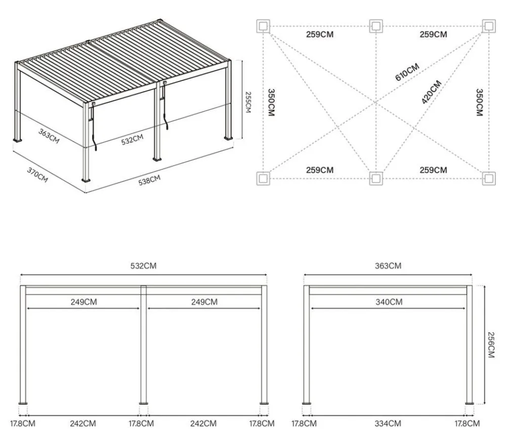 Weide Pergolen - Deluxe Pergola Voll-Alu, ca. B530/H255/T360 cm Weiß