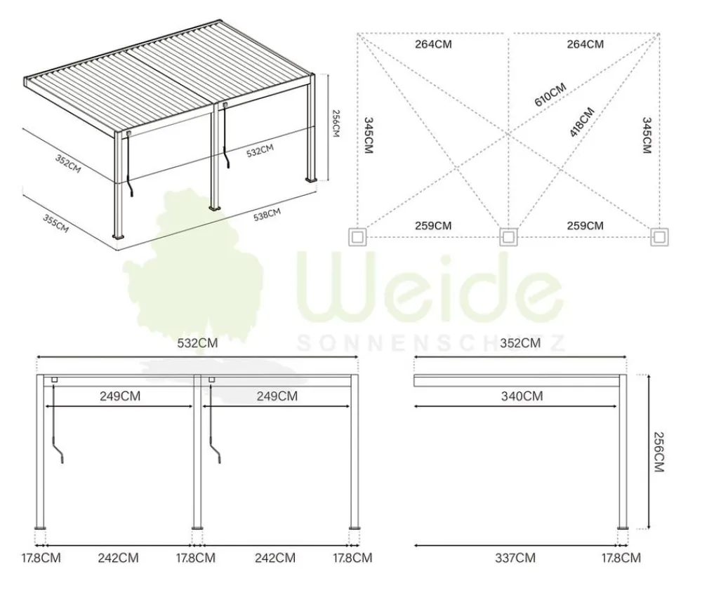 Weide Pergolen > Deluxe Wandpergola Voll-Alu, ca. B530/H255/T360 cm