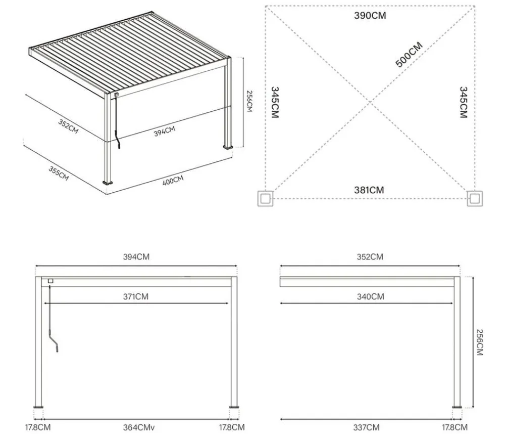 Weide Deluxe Wandpergola 3,6x4 Voll-Alu, ca. B400/H255/T360 cm Weiß Clearance