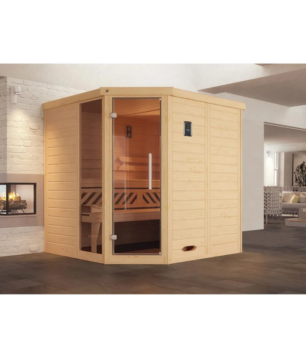 Weka Saunas & Infrarotkabinen - Ecksauna Kemi mit Glastür und Fenster Natur