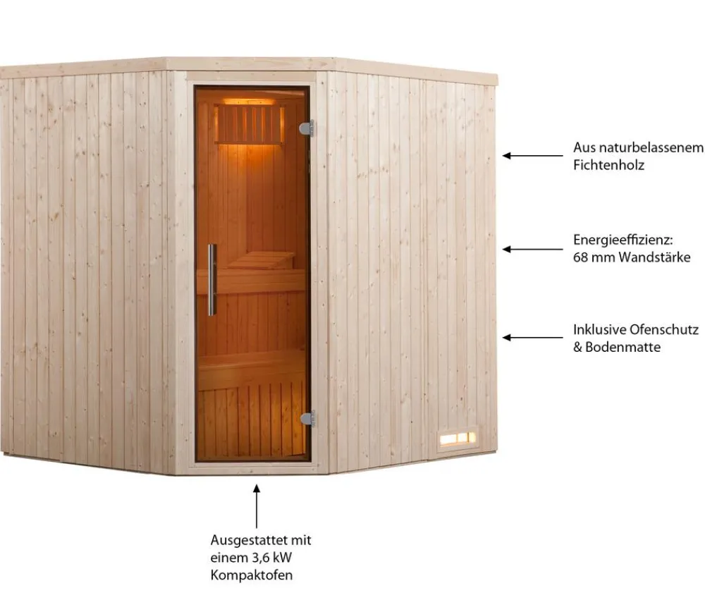 Weka Saunas & Infrarotkabinen > Ecksauna Kiruna mit Glastür, inkl. Ofen