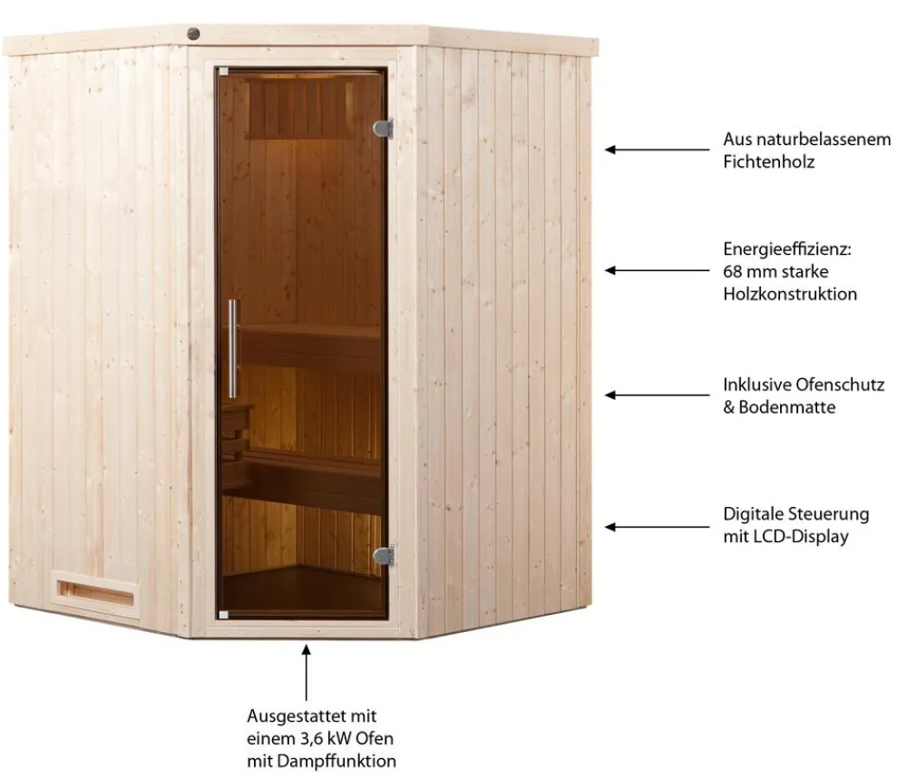 Weka Saunas & Infrarotkabinen > Ecksauna Kiruna mit Glastür, inkl. Bio-Ofen