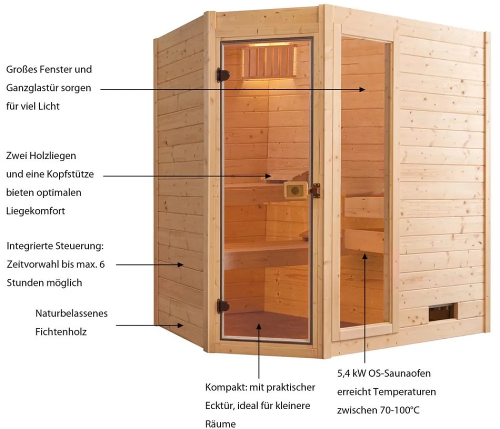 Weka Ecksauna Valida mit Glastür und Fenster inkl. Ofen, ca. B189/H203,5/T139 cm Natur