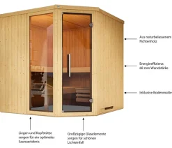 Weka Ecksauna Varberg mit Glastür und Fenster Natur