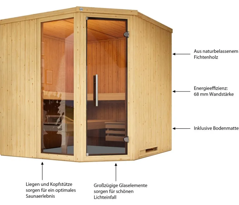 Weka Ecksauna Varberg mit Glastür und Fenster Natur
