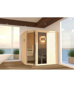 Weka Ecksauna Varberg mit Glastür und Fenster Natur