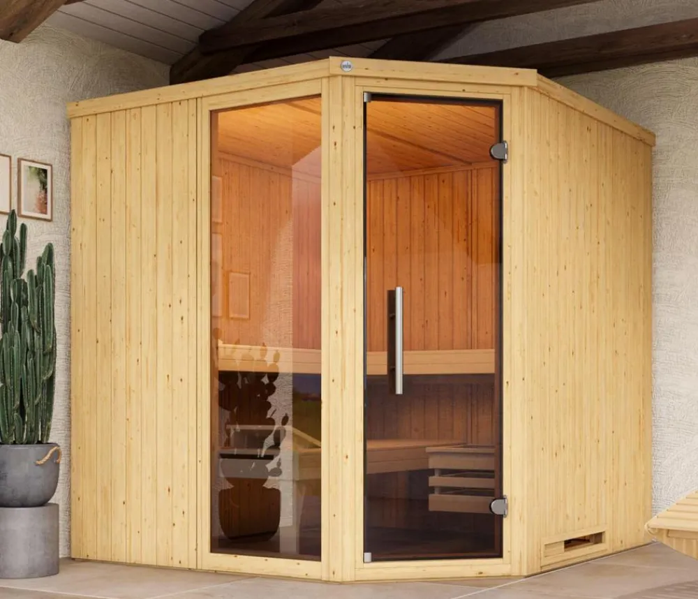 Weka Ecksauna Varberg mit Glastür und Fenster Natur