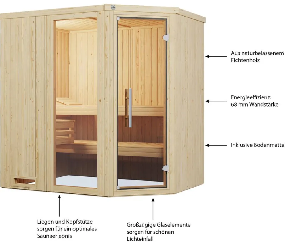 Weka Saunas & Infrarotkabinen - Ecksauna Varberg mit Glastür und Fenster Natur