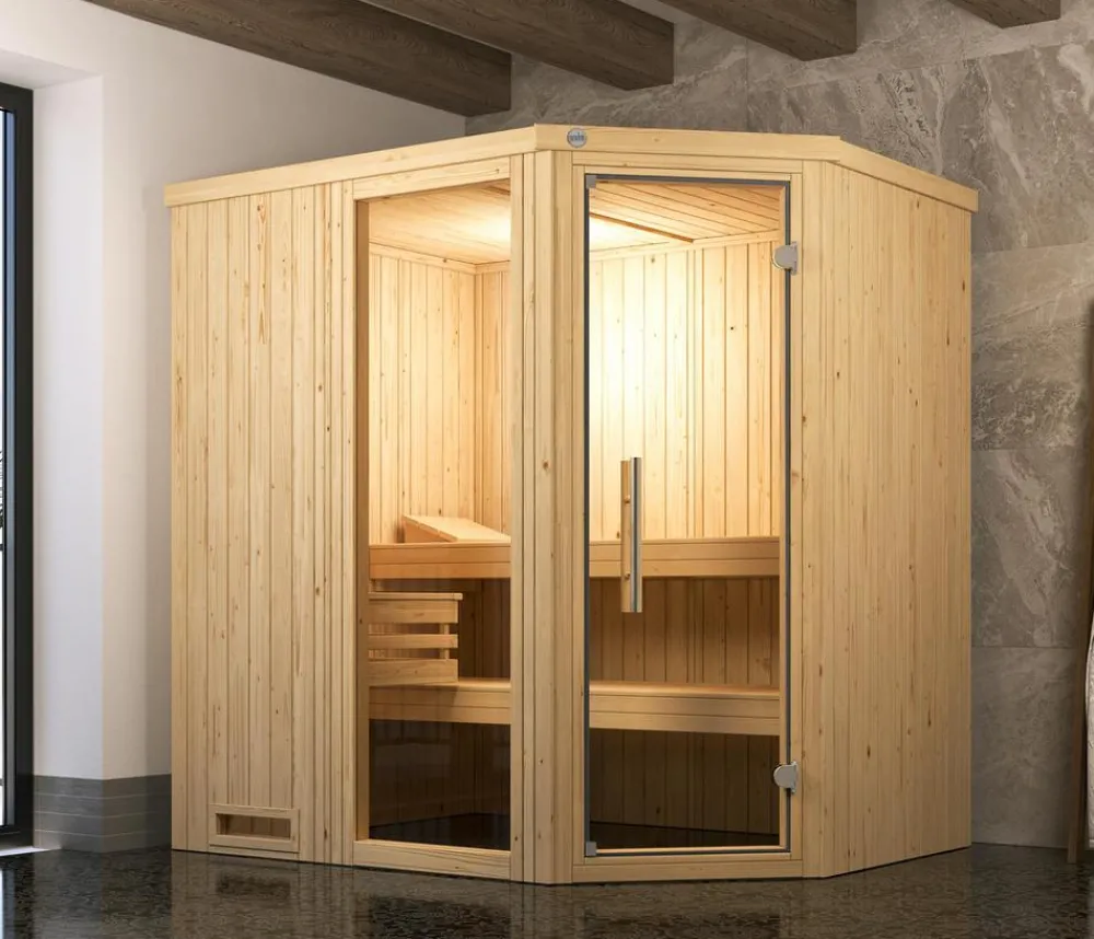 Weka Saunas & Infrarotkabinen - Ecksauna Varberg mit Glastür und Fenster Natur