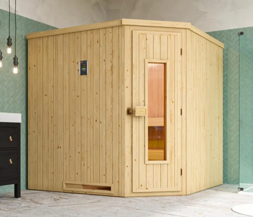 Weka Ecksauna Varberg mit Holztür inkl. Ofen, ca. B194/H199/T194 cm Natur Hot