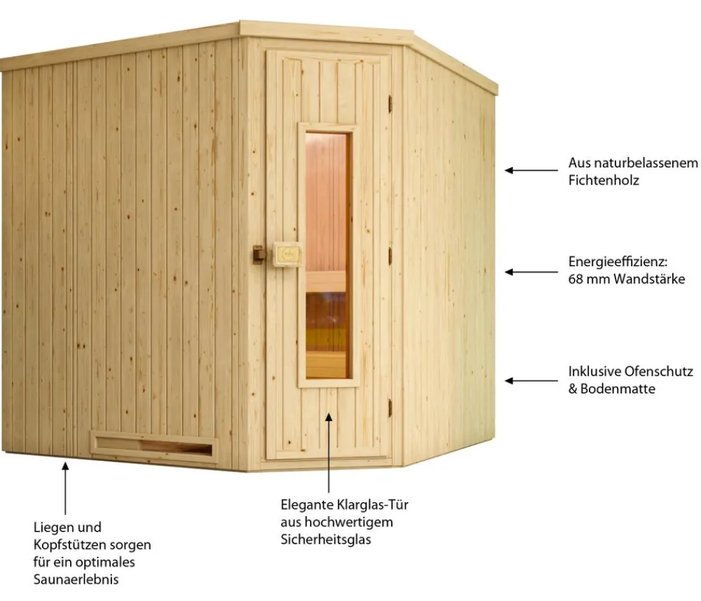 Weka Ecksauna Varberg mit Holztür, ca. B194/H199/T194 cm Natur Discount