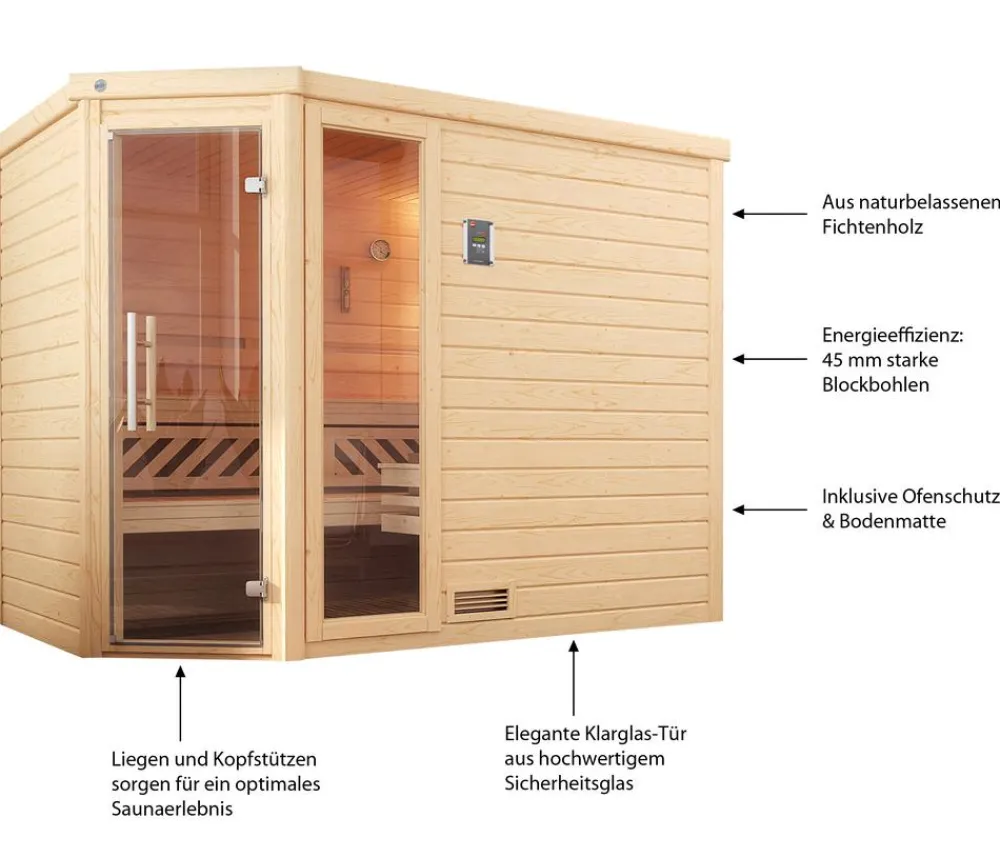 Weka Saunas & Infrarotkabinen > Sauna Turku mit Glastür und Fenster, ca. B248/H205/T198 cm