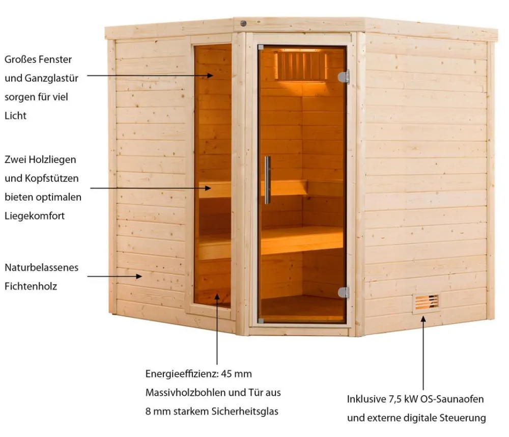Weka Saunas & Infrarotkabinen > Sauna Turku mit Glastür und Fenster inkl. Ofen, ca. B195/H205/T178 cm