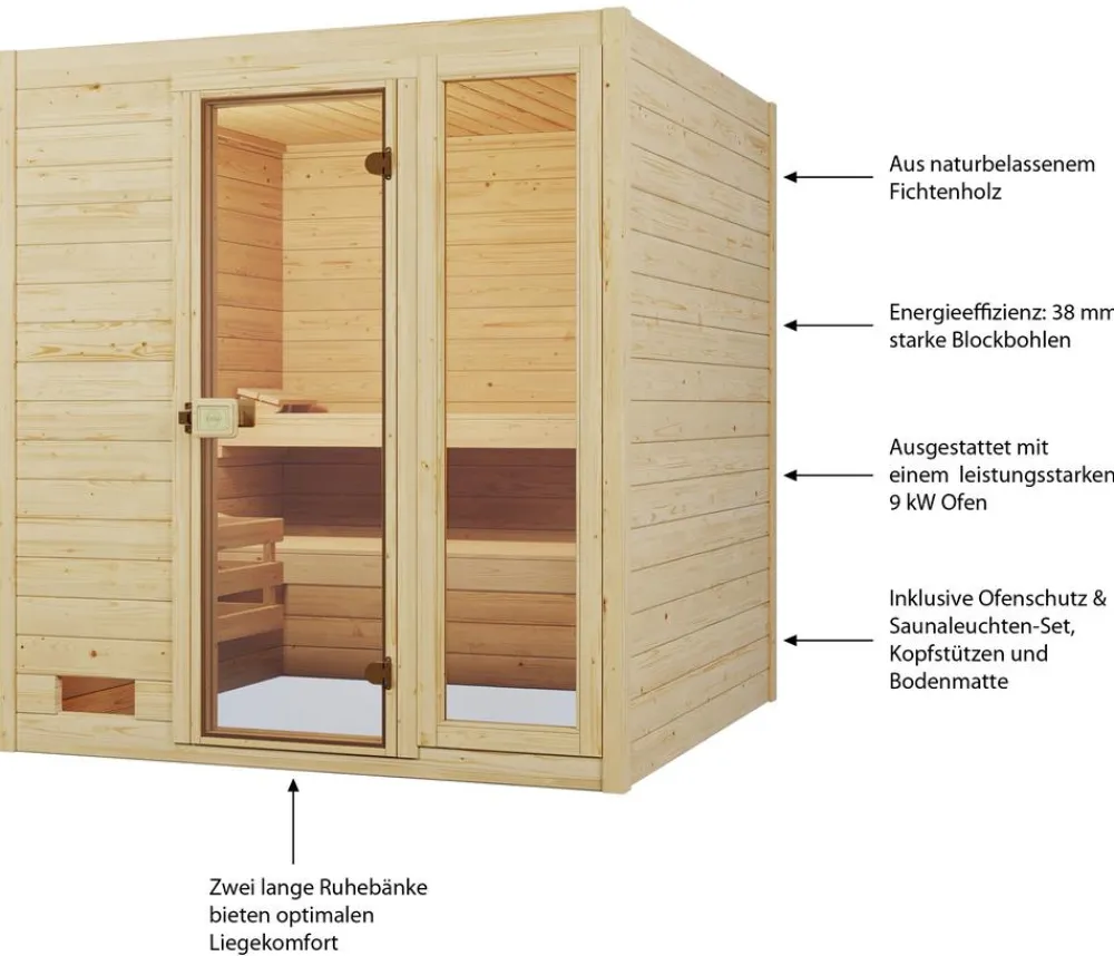 Weka Sauna Valida Plus mit Glastür und Fenster inkl. Ofen, ca. B189/H204/T172 cm Natur Outlet