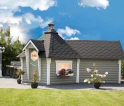 Wolff Finnhaus Gartenhaus Grillkota 9 de luxe B, inkl. Saunaanbau, ca. B426/H364/T624 cm Schwarz Discount
