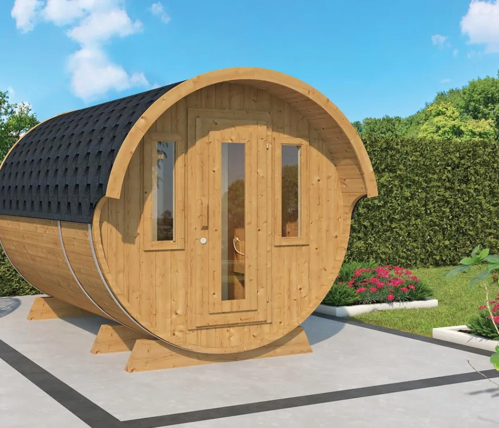 Wolff Finnhaus Saunas & Infrarotkabinen > Saunafass 330 de luxe Bausatz, Thermoholz, ca. B235/H242/T330 cm