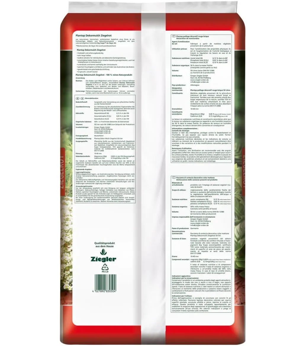Ziegler Rindenmulch|Spezialerde - Plantop Dekormulch Ziegelrot, 39 x 50 Liter